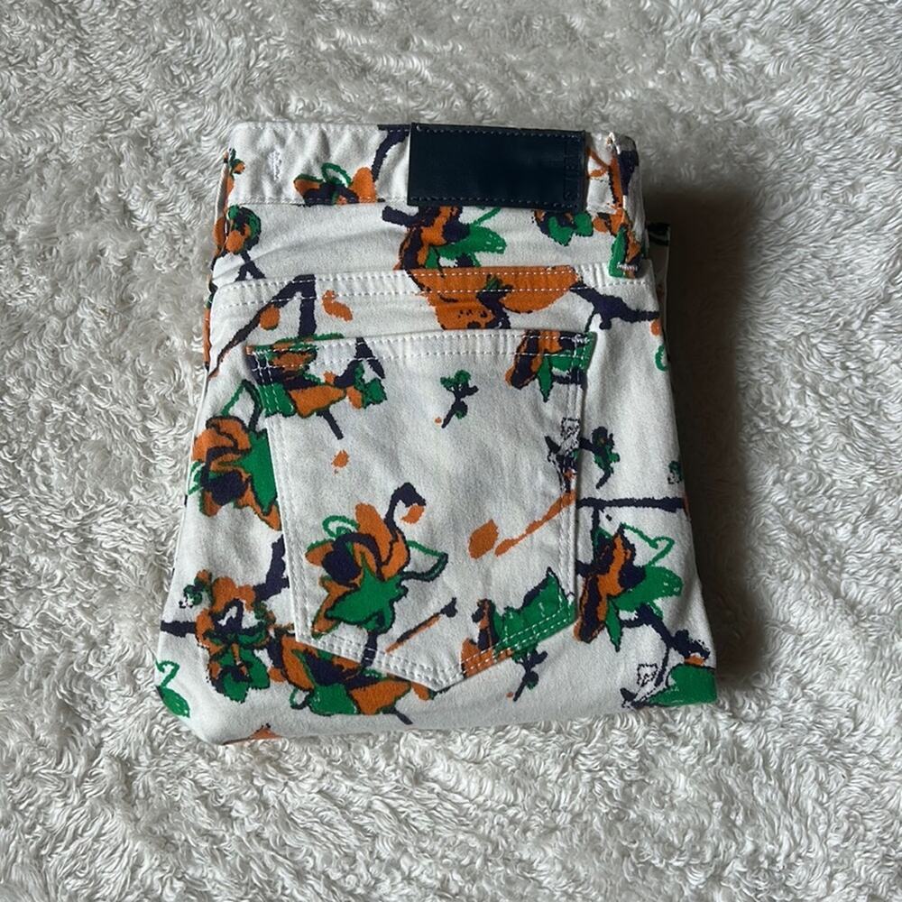 Sly jeans patterned white, green and orange low rise skinny jeans, size 1